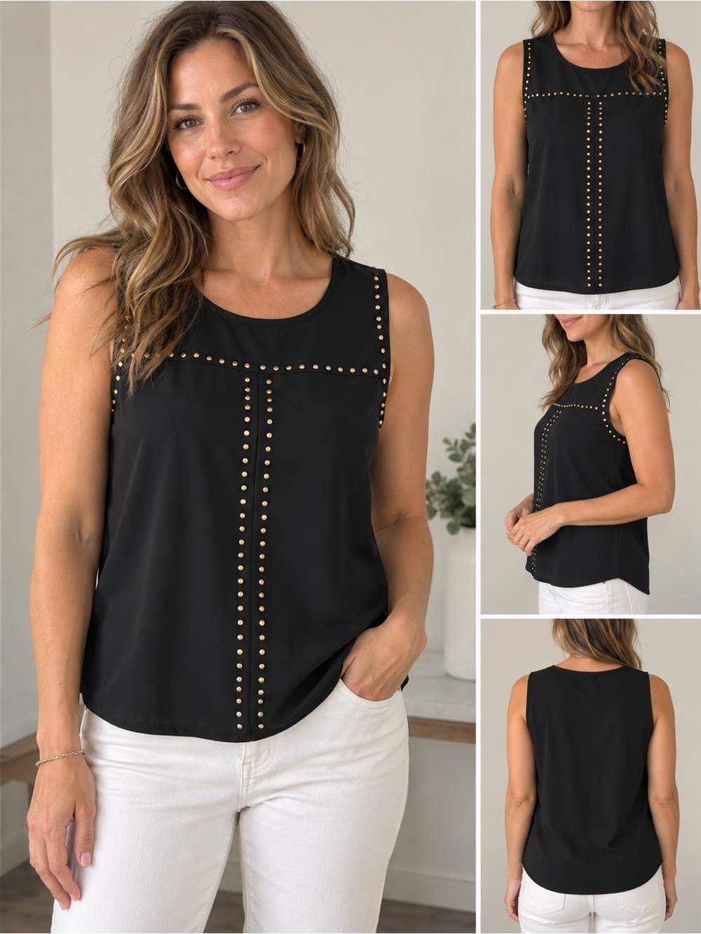 Laura Black Sleeveless Tank with Gold Stud Detail